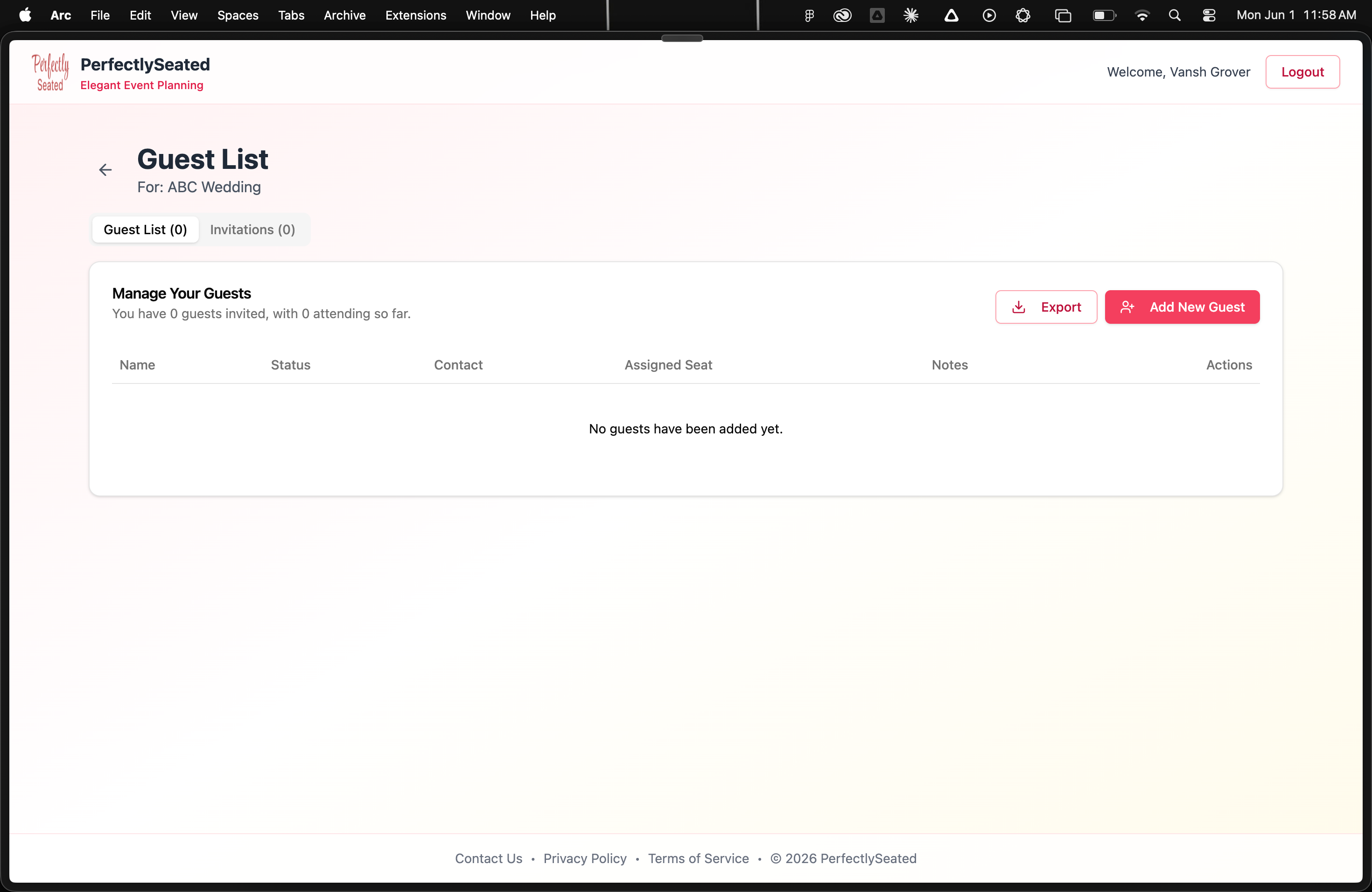 PerfectlySeated Guest List RSVP Seating Live Update Dashboard